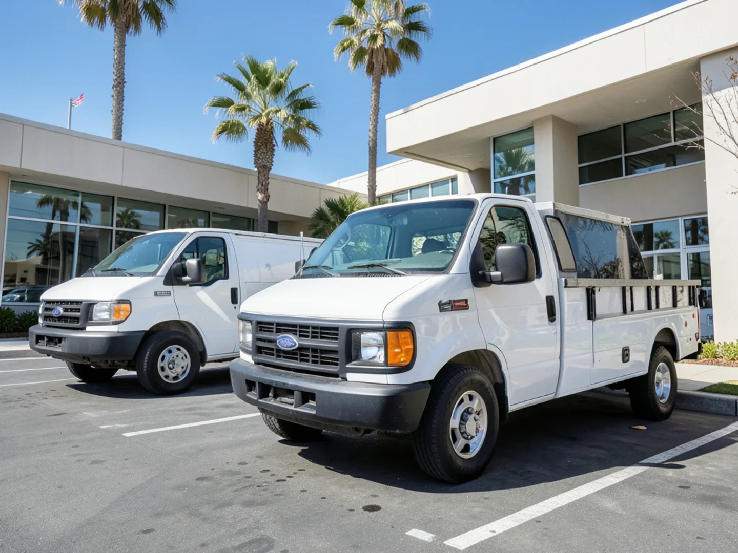 White HVAC service vans parked in commercial lot on East Hamilton Avenue in Campbell California