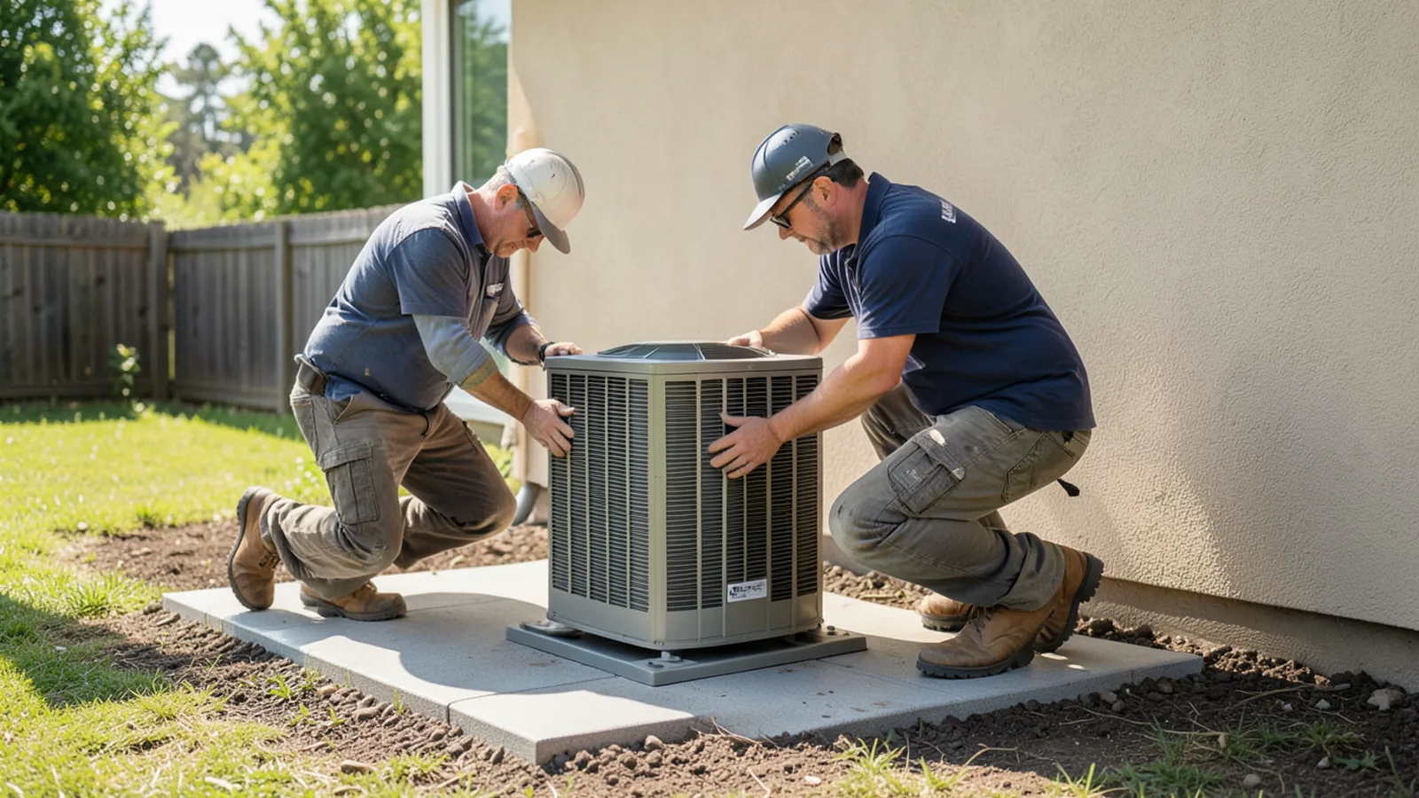 Two HVAC installers positioning new high-efficiency central AC condenser unit onto level composite pad