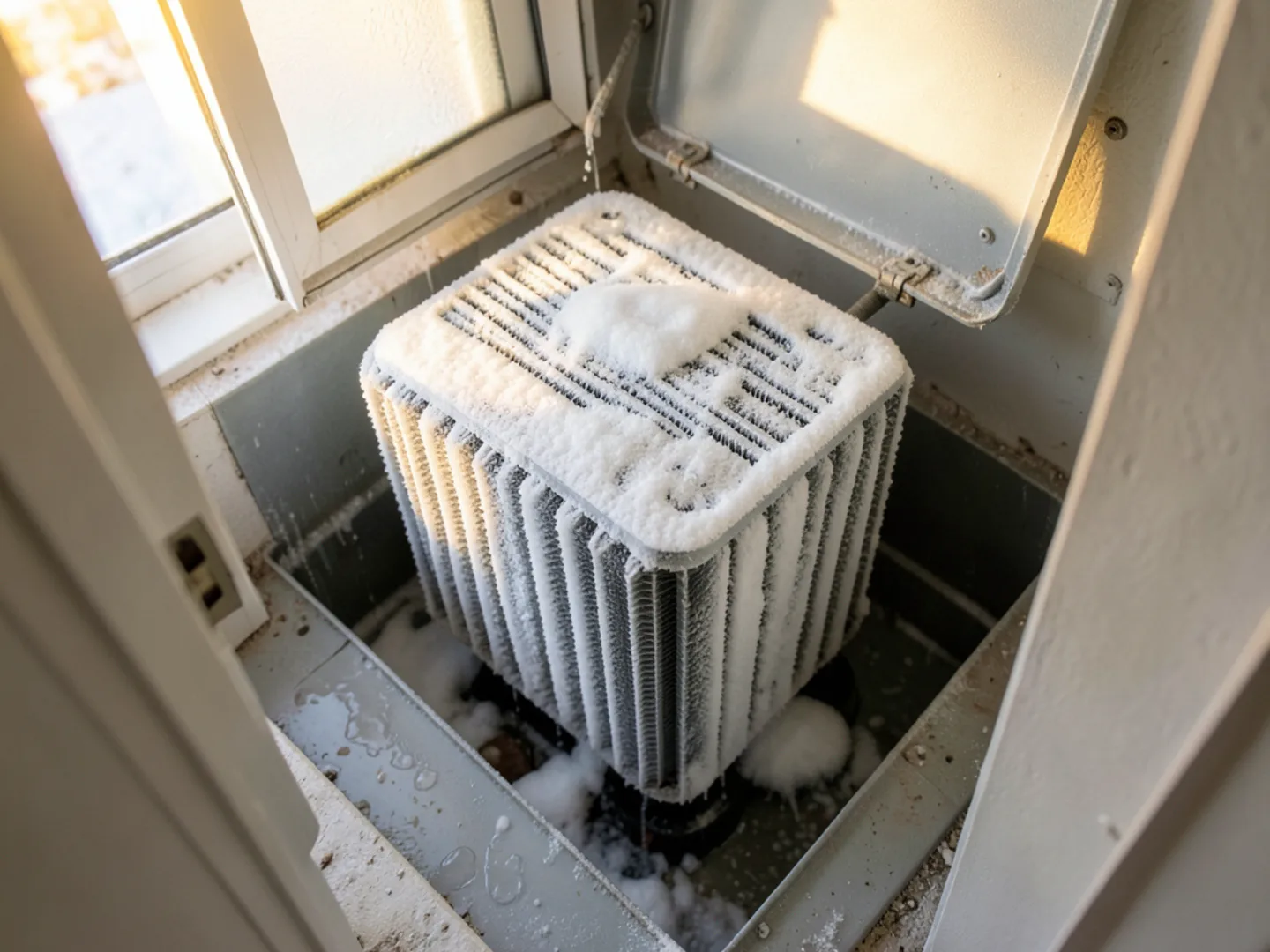 Opened indoor air handler cabinet revealing residential evaporator coil heavily coated in white frost and ice
