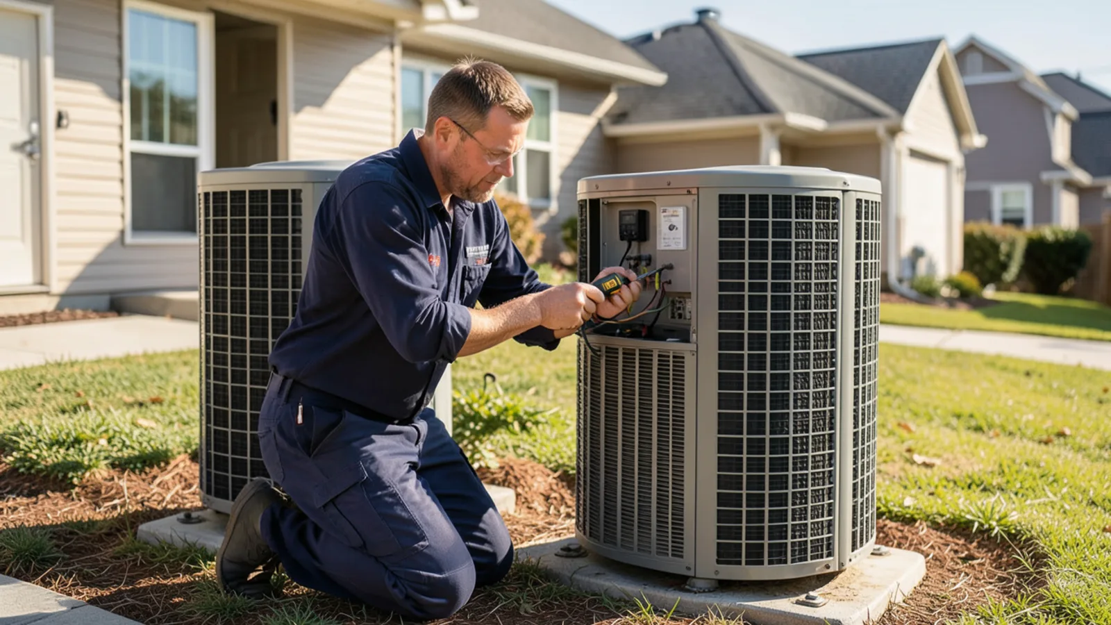 HVAC technician using insulated tools to inspect central AC electrical control panel in Campbell