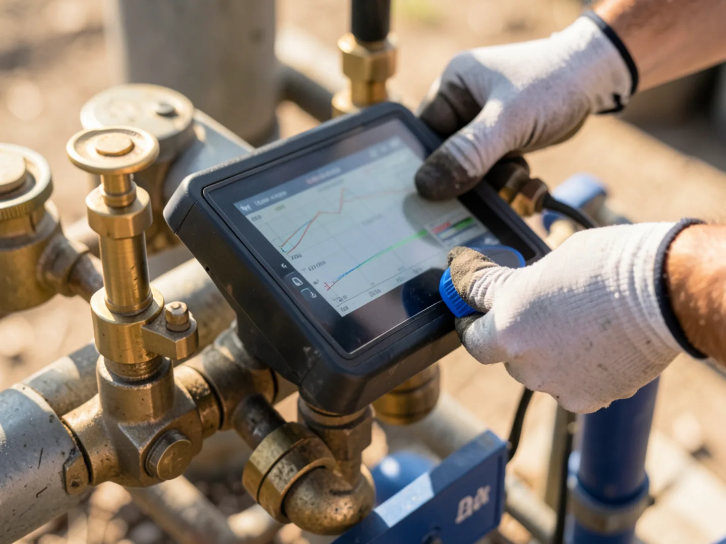 Digital manifold screen and brass valves connected to outdoor service ports measuring refrigerant subcooling