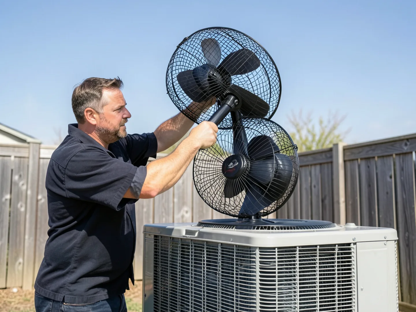 Technician installing new black outdoor condenser fan motor and fan blade assembly onto top grille