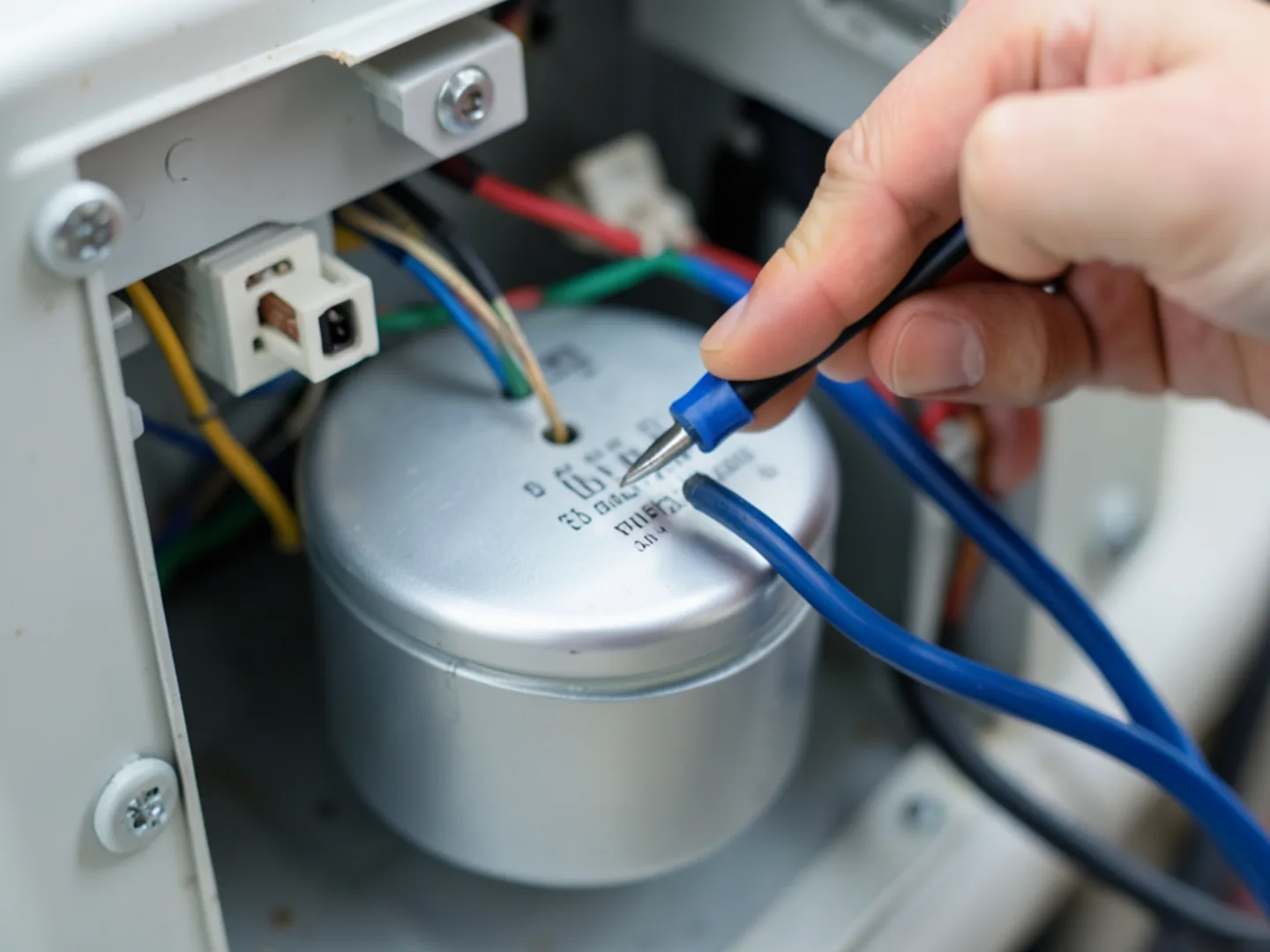 Testing capacitance microfarads on AC dual-run start and run capacitor with digital multimeter leads