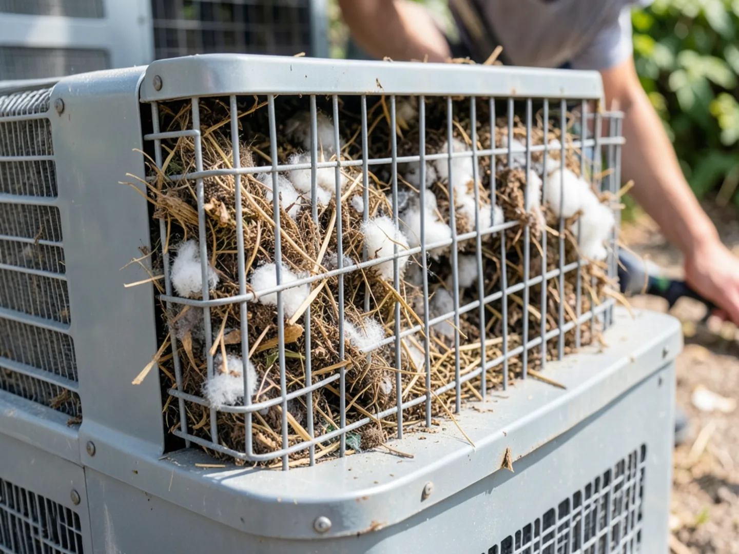 Outdoor AC condenser coils clogged with dry garden leaves and grass clippings restricting ventilation