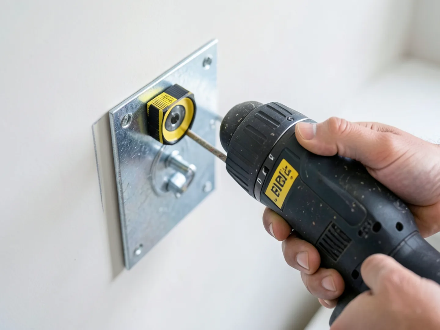 Technician using magnetic torpedo level to position metal wall-mounting plate on interior drywall