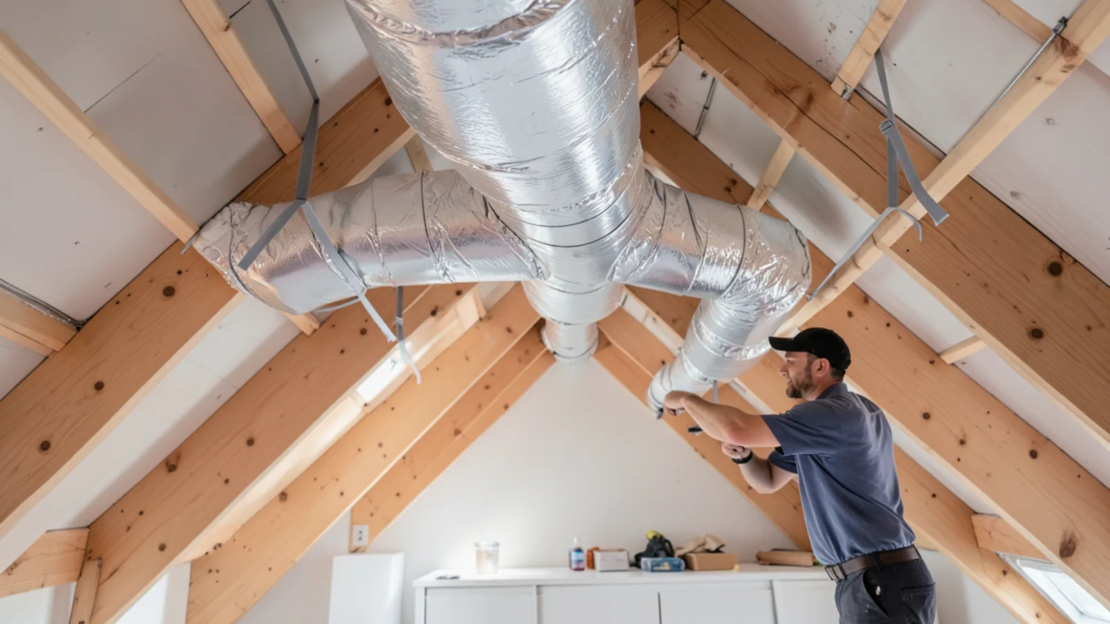 Technician inside Campbell attic applying gray mastic sealant across galvanized sheet metal supply trunk joint