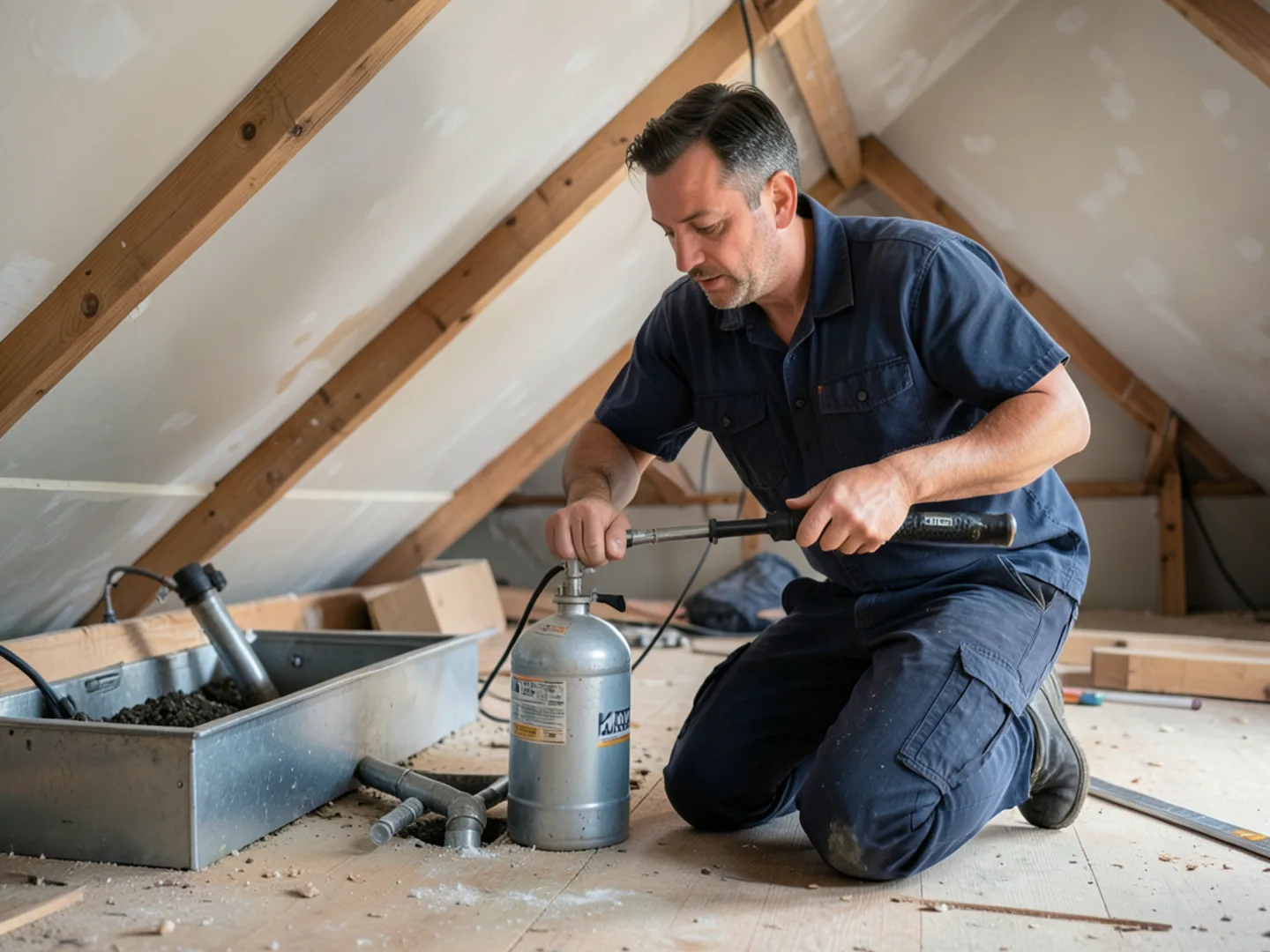 Emergency technician in attic kneeling by secondary drain pan clearing blocked condensate line with nitrogen