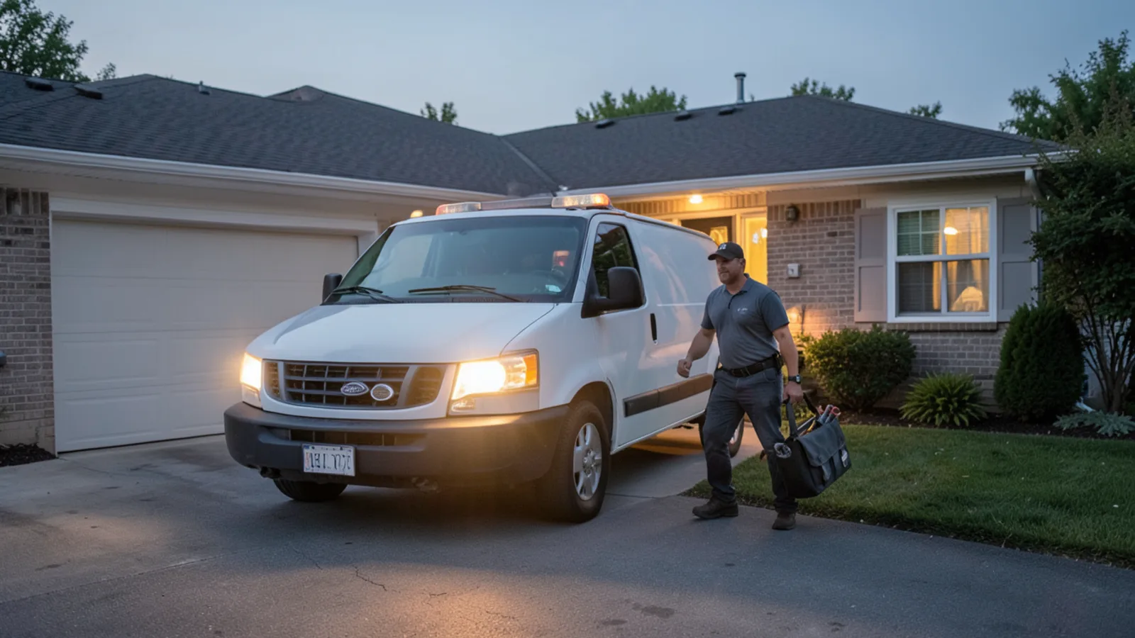 White HVAC service van parked in Campbell ranch driveway at twilight with technician walking toward home