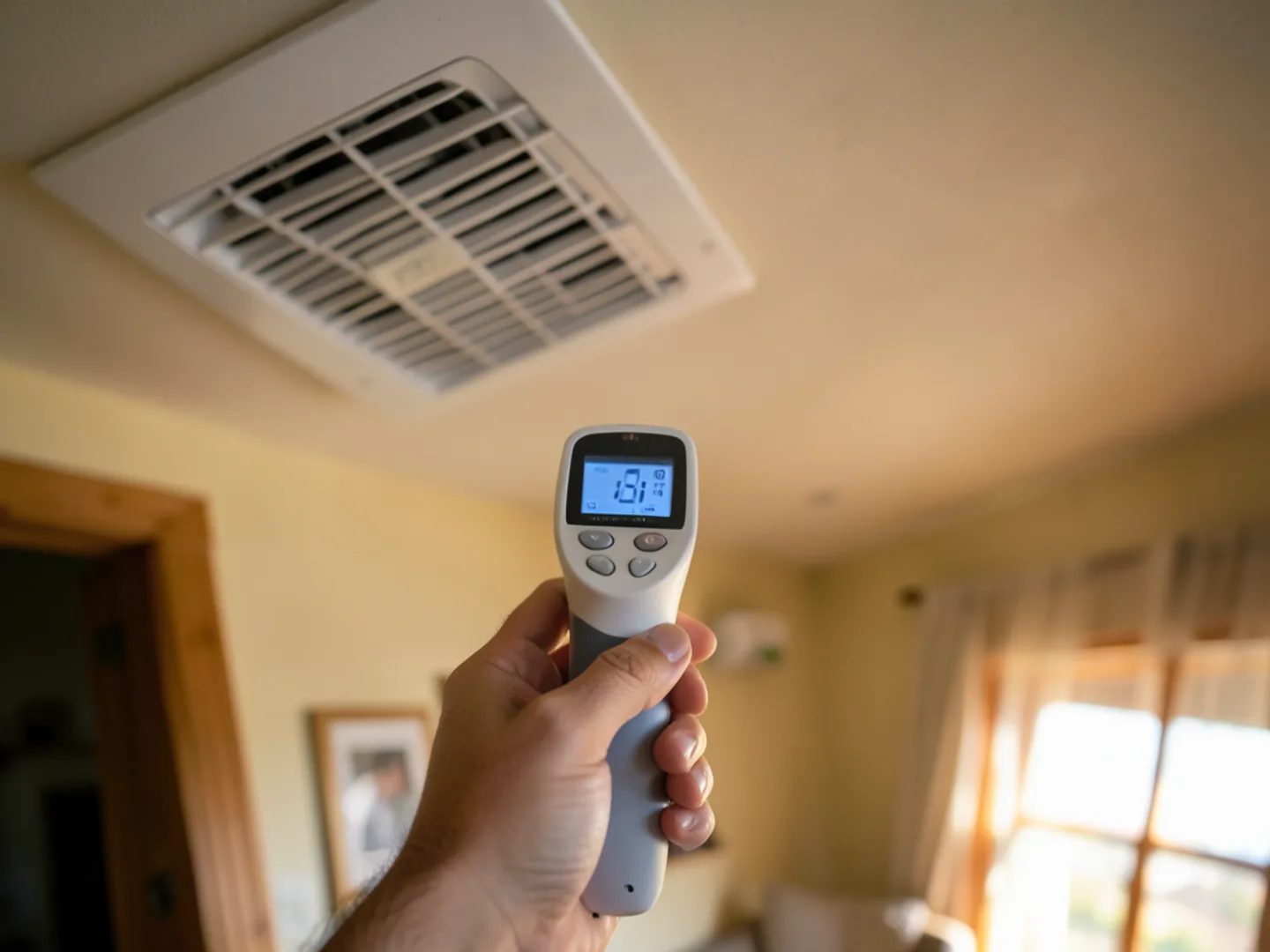 Hand holding digital infrared thermometer aimed at white ceiling supply register reading cold air delivery