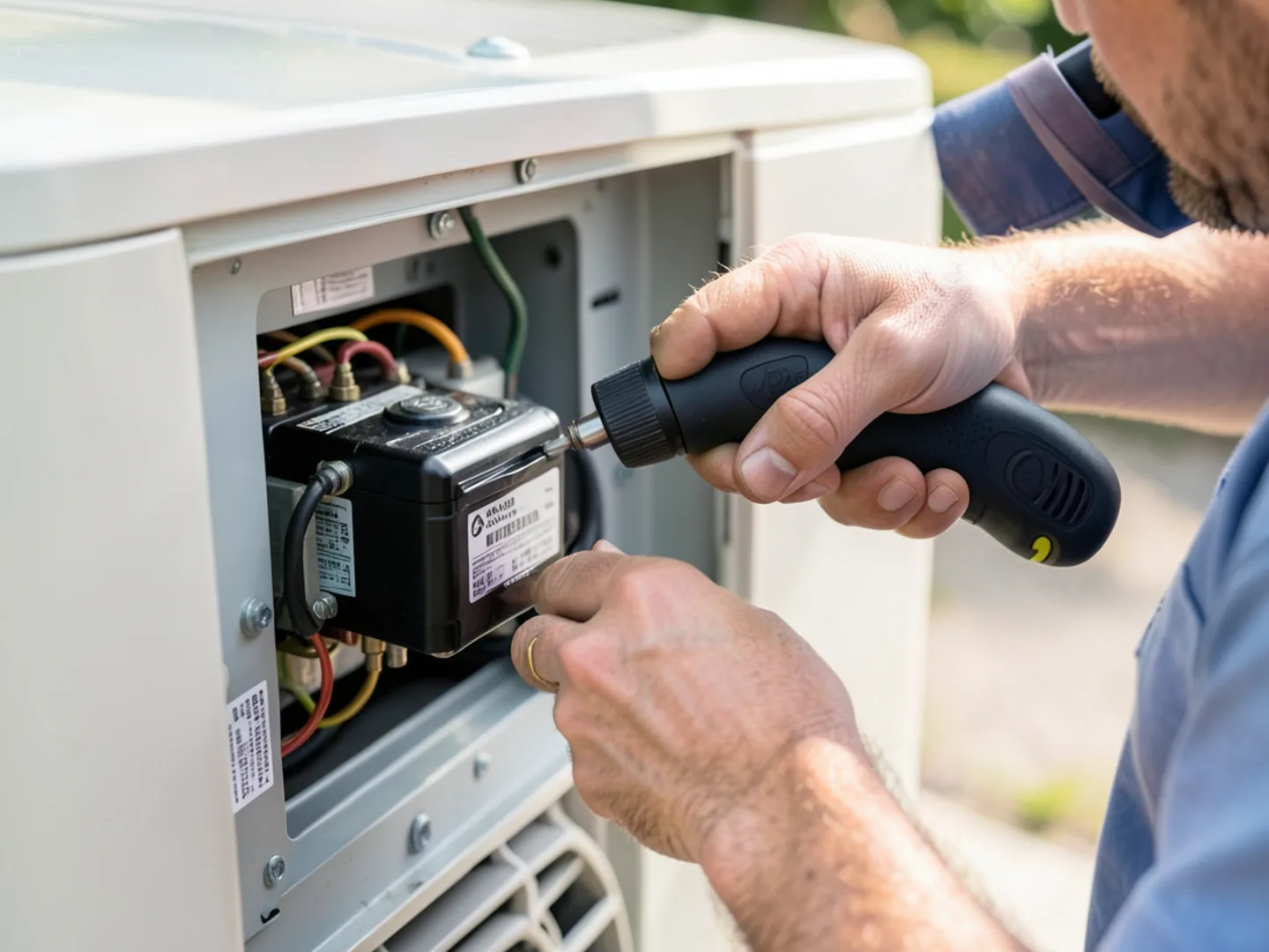 Technician using insulated nut driver installing heavy-duty electrical contactor in AC cabinet under work light