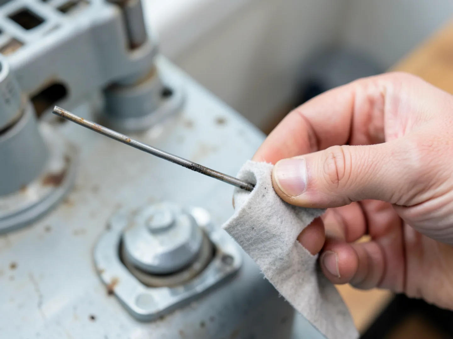 Close-up of technician cleaning carbon buildup off thin steel flame sensor rod with emery cloth