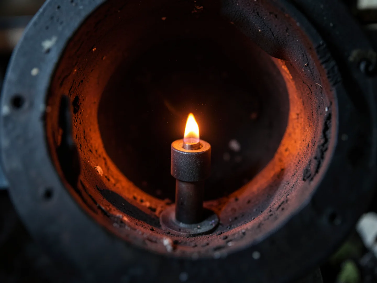 Glowing bright orange silicon nitride hot surface igniter element inside dark furnace burner chamber