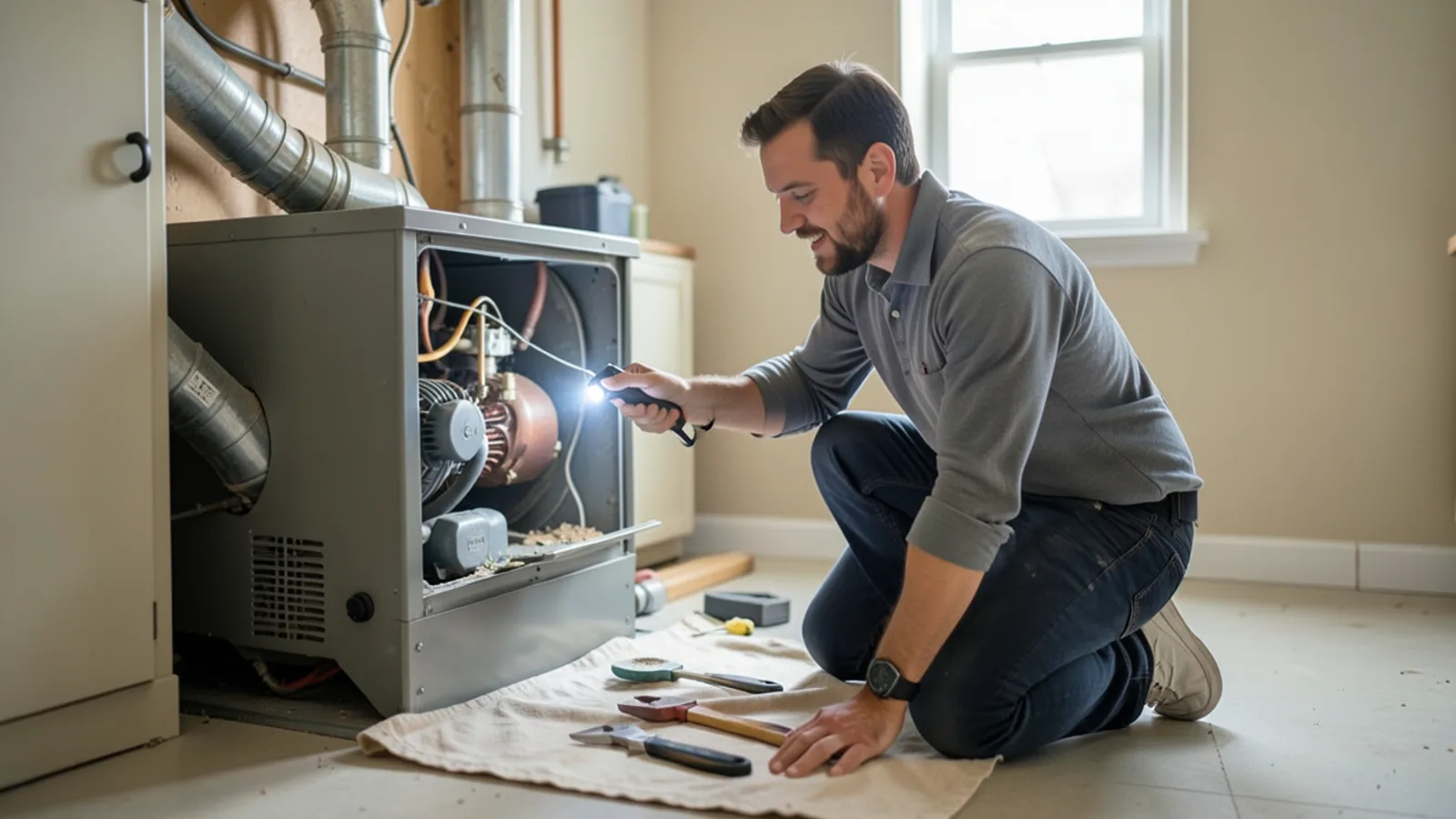 Heating technician kneeling in front of open gas furnace in utility closet shining LED inspection light