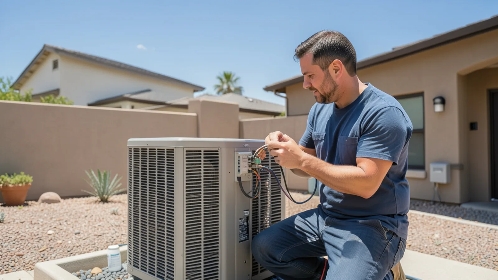 Technician wiring electrical terminal block of modern slim-profile side-discharge inverter heat pump