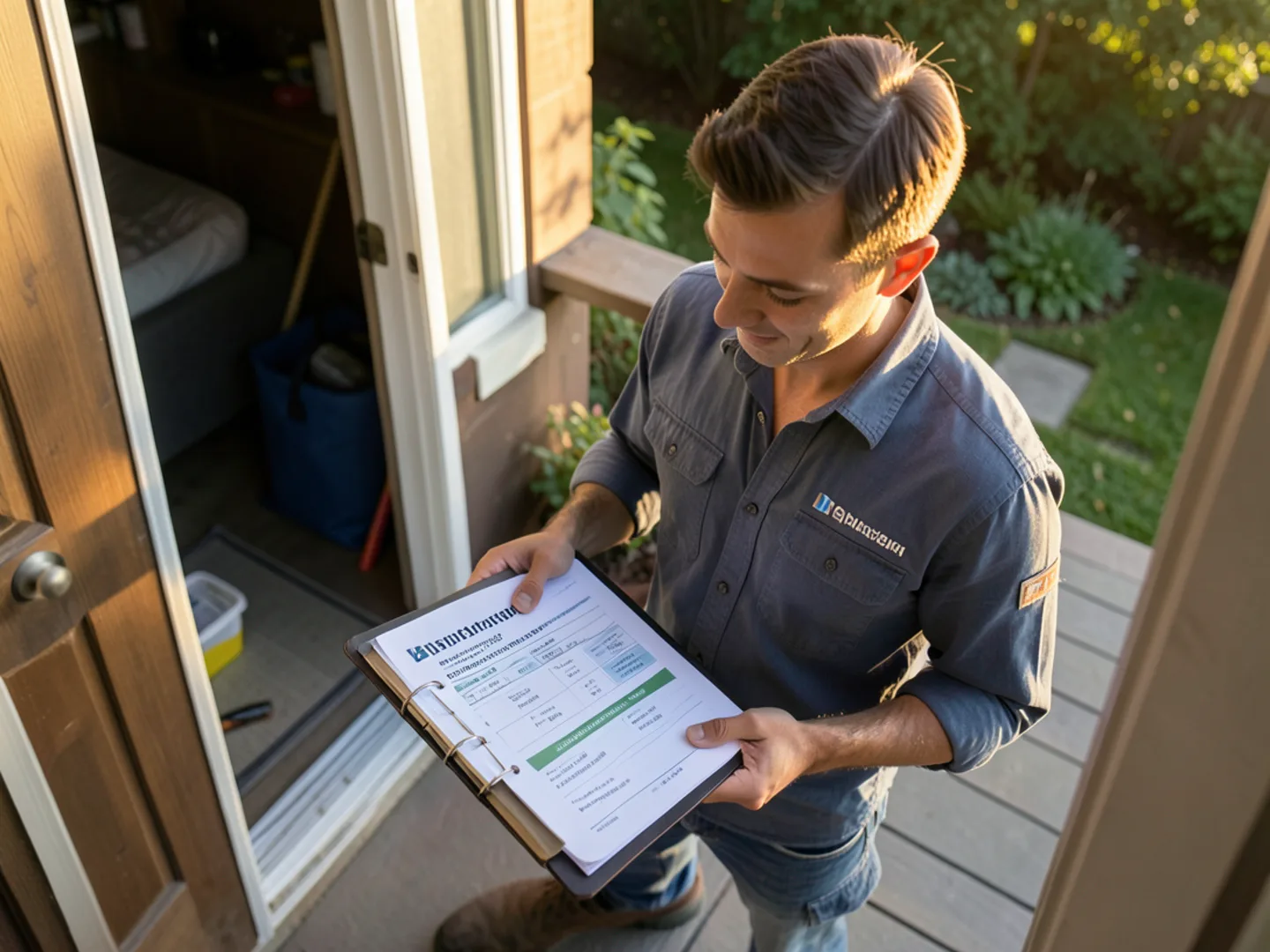 Technician and homeowner at kitchen table reviewing annual heating and cooling utility comparisons