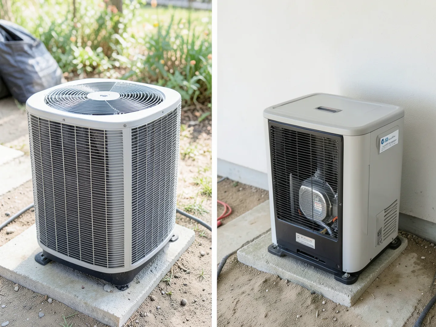 Side-by-side technical comparison showing compact outdoor heat pump next to indoor gas furnace graphic