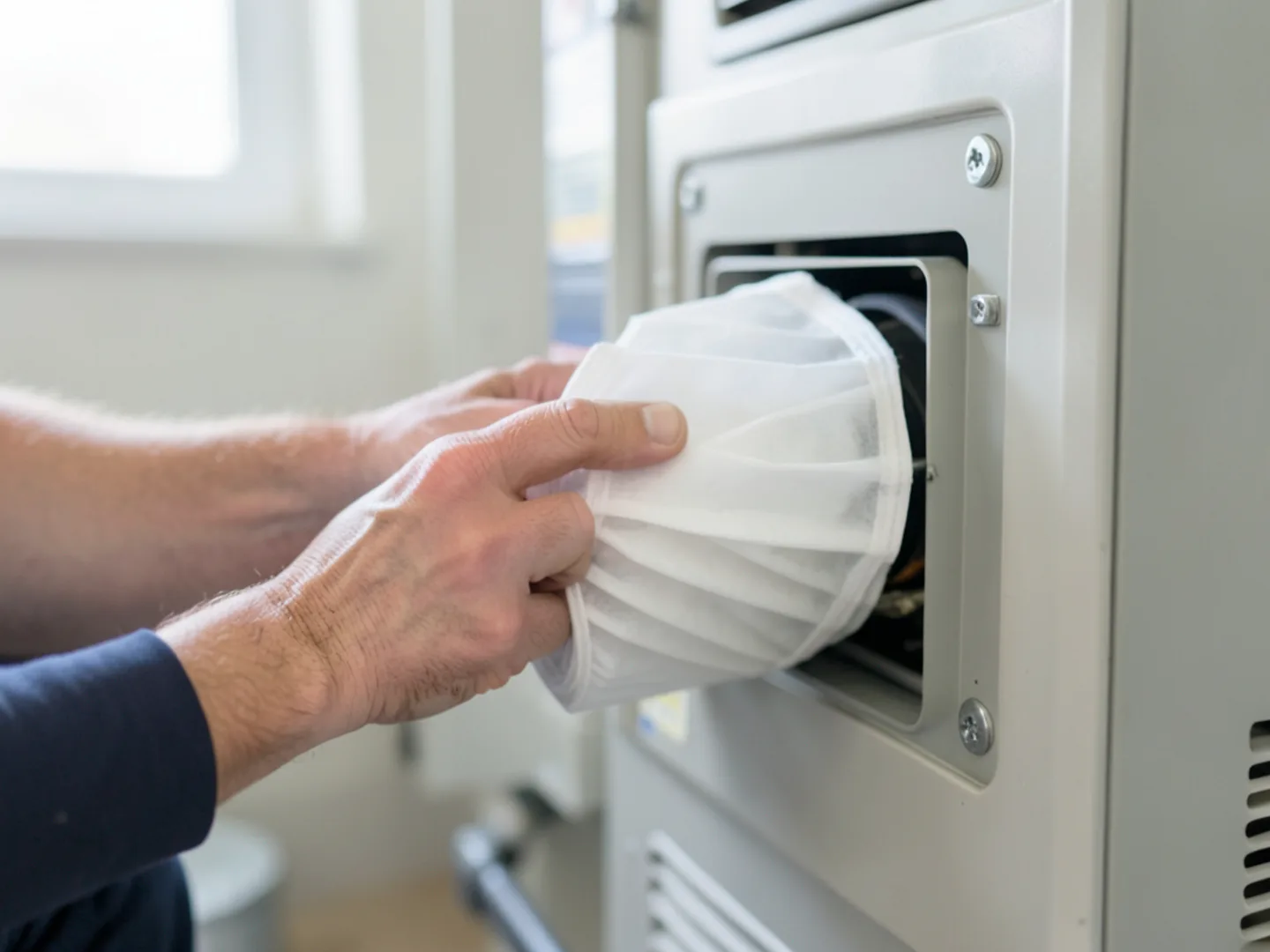 Technician sliding four-inch deep pleated MERV 13 air filter into indoor return cabinet