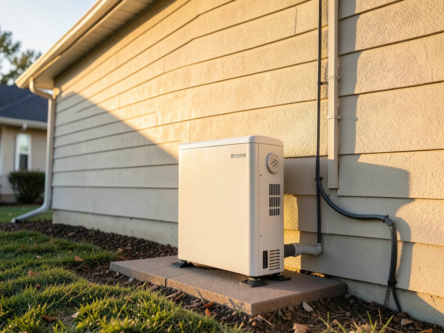 Side-discharge variable-speed inverter heat pump installed on composite equipment pad beside suburban home