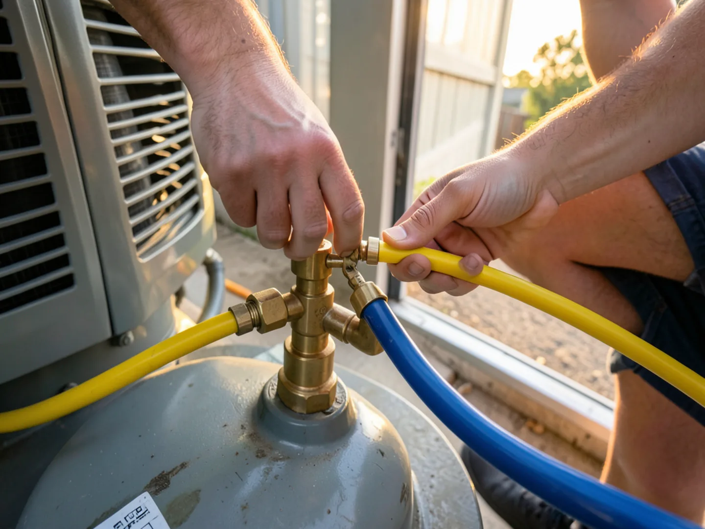 Connecting digital refrigeration manifold hoses to brass service valves on residential AC unit