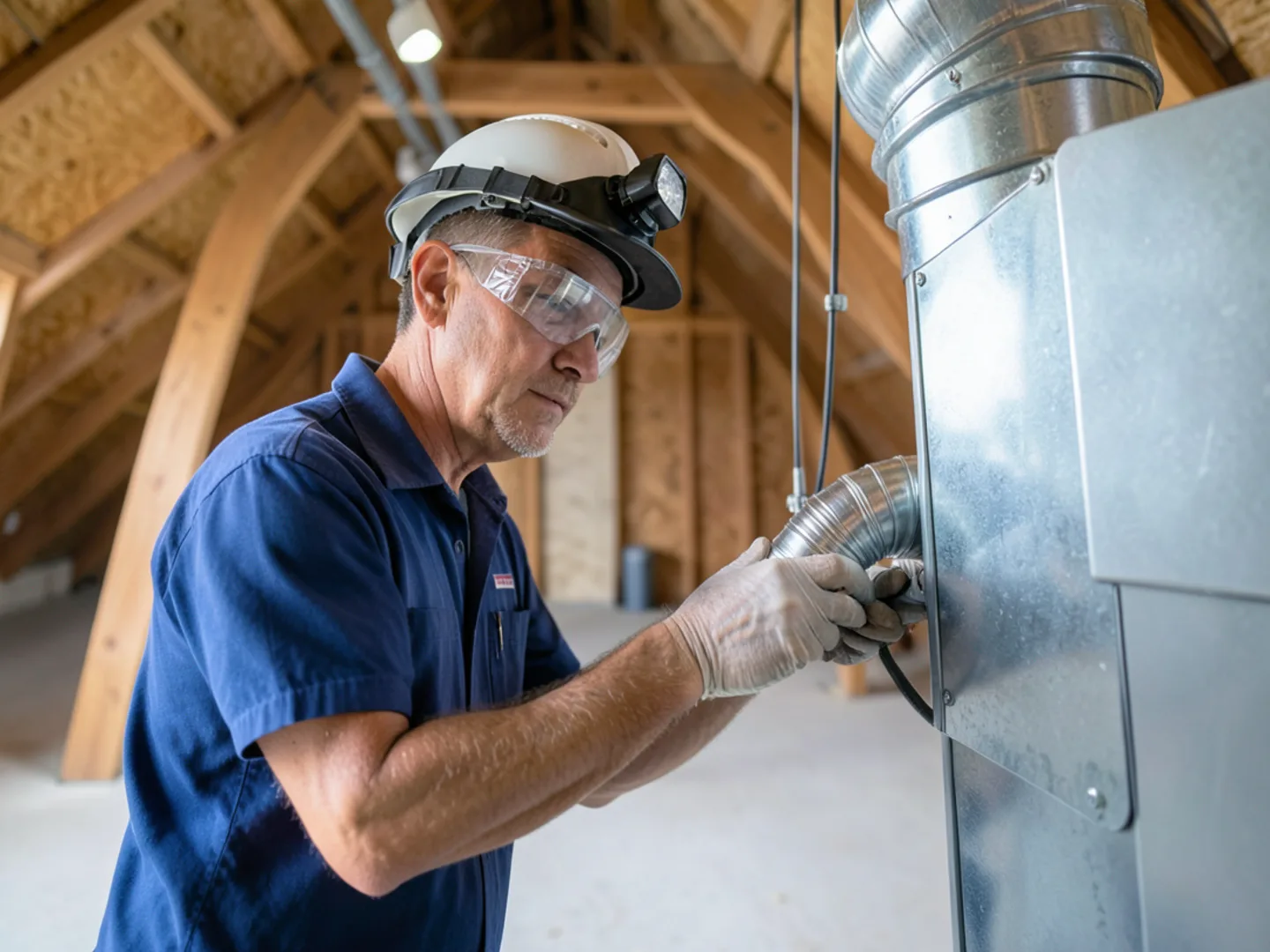 HVAC technician wearing safety glasses inspecting insulated flexible attic ductwork connection to sheet metal plenum