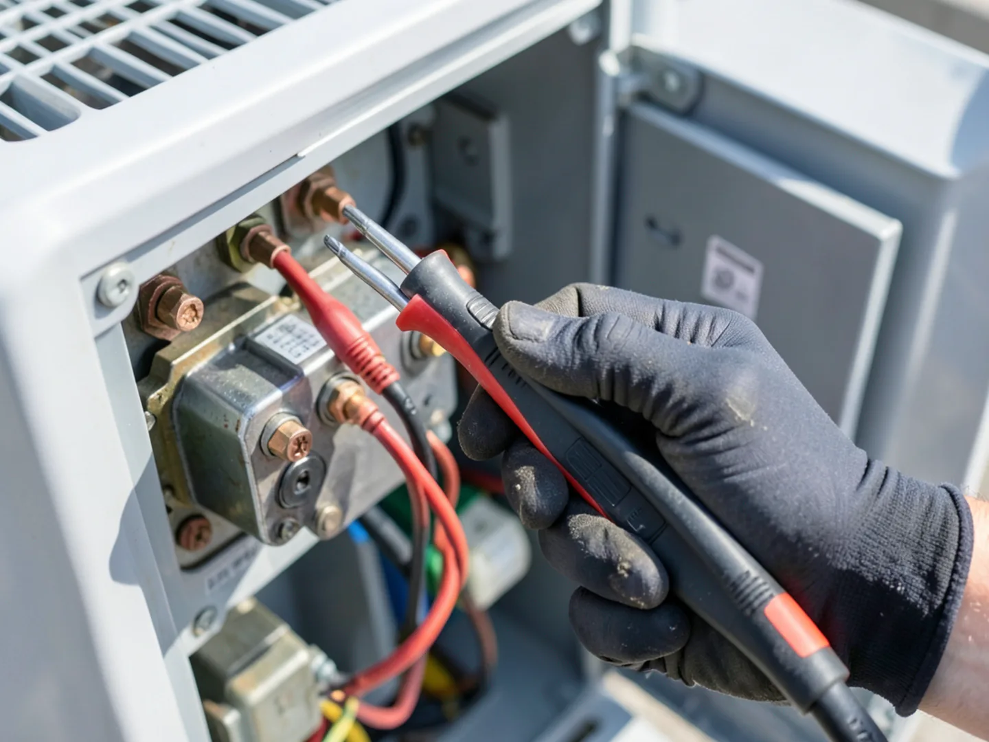 Close-up of technician holding digital multimeter probes to electrical contactor terminals inside AC control panel