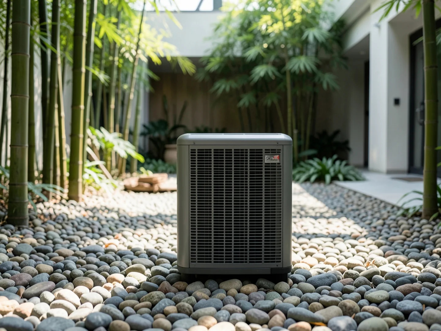 Discrete multi-zone heat pump condenser installed neatly within open atrium of Cupertino Eichler home