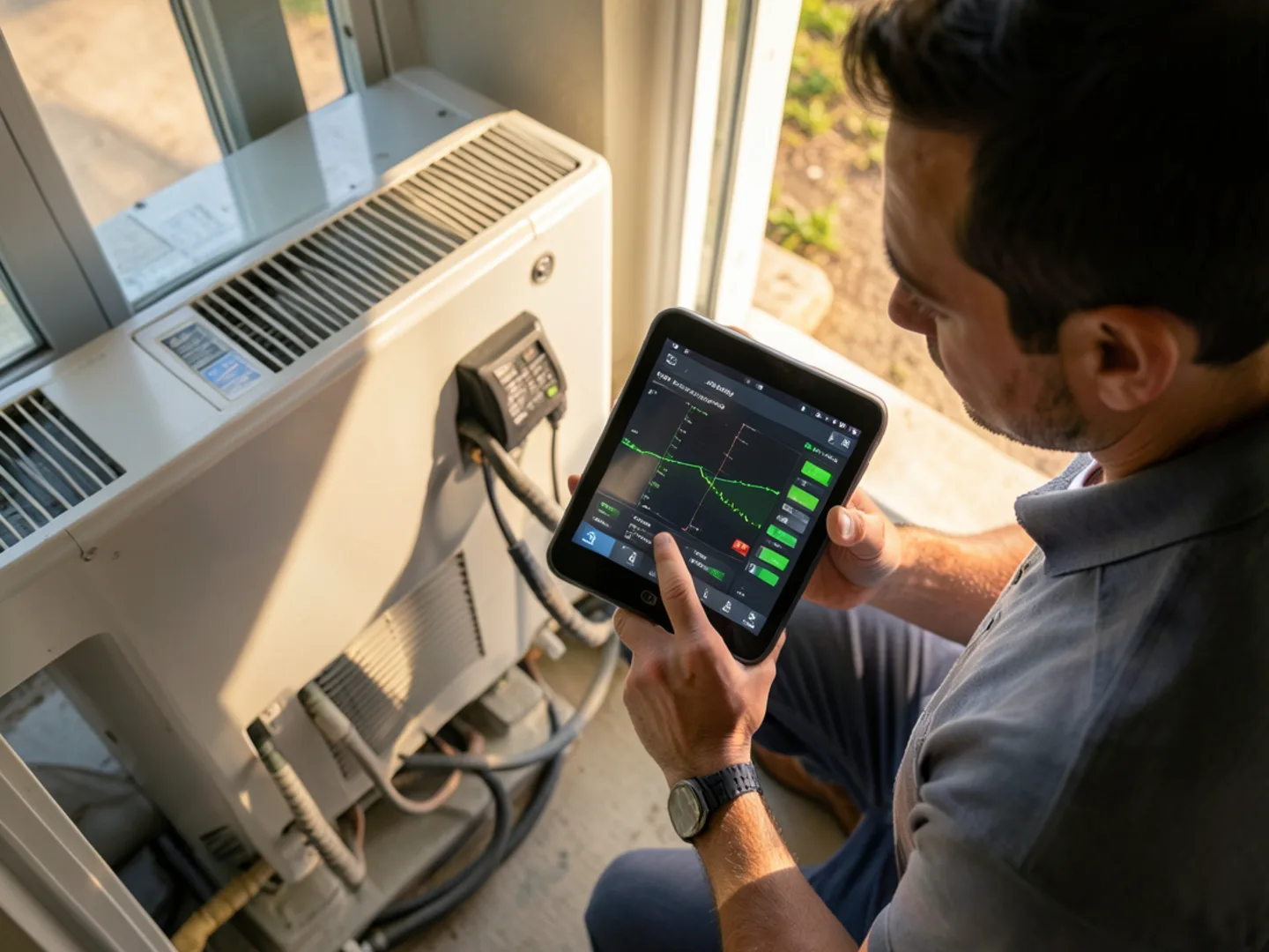 Technician with tablet calibrating smart inverter system communication protocols on outdoor control board