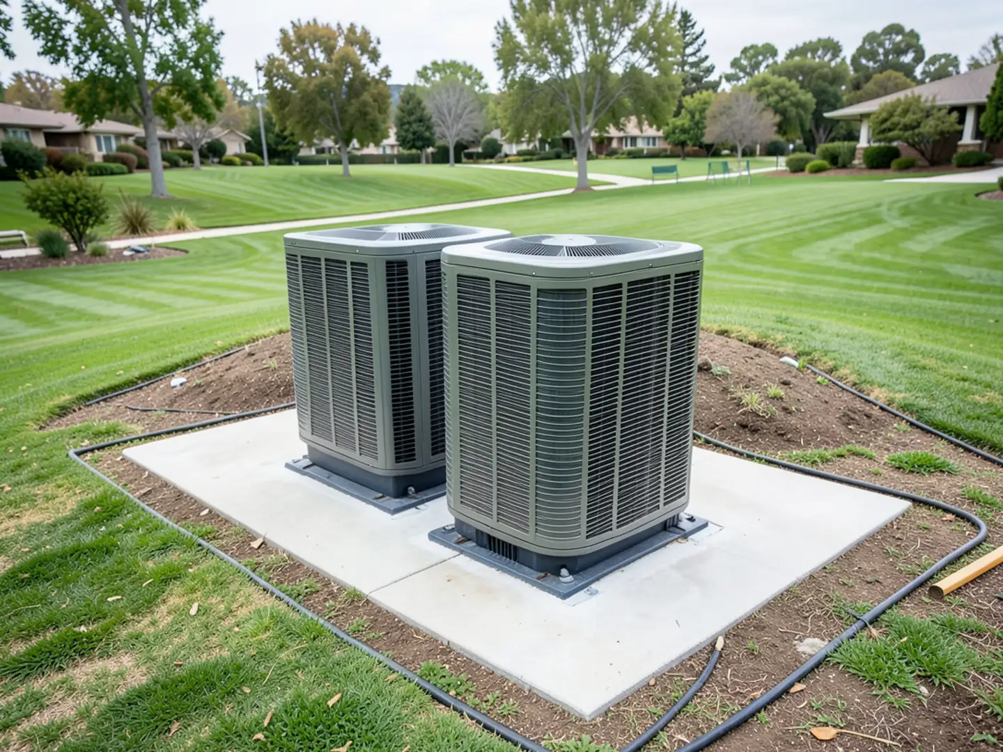 Side-by-side high-efficiency inverter heat pumps concealed behind garden trellis in Los Altos