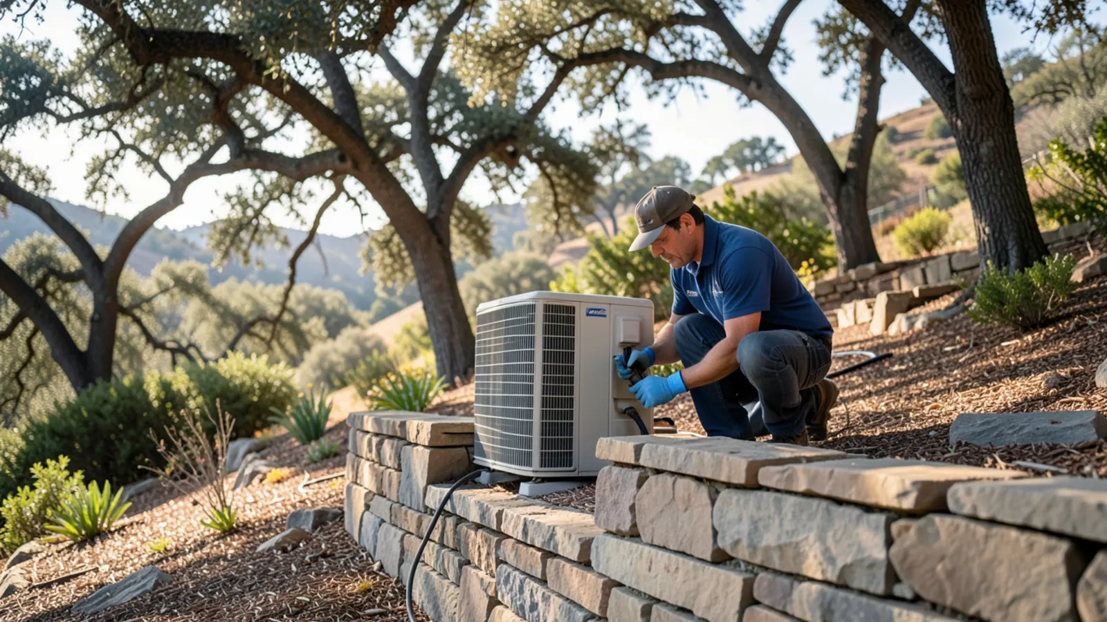 HVAC technician servicing outdoor heat pump beside hillside stucco home overlooking Los Gatos foothills