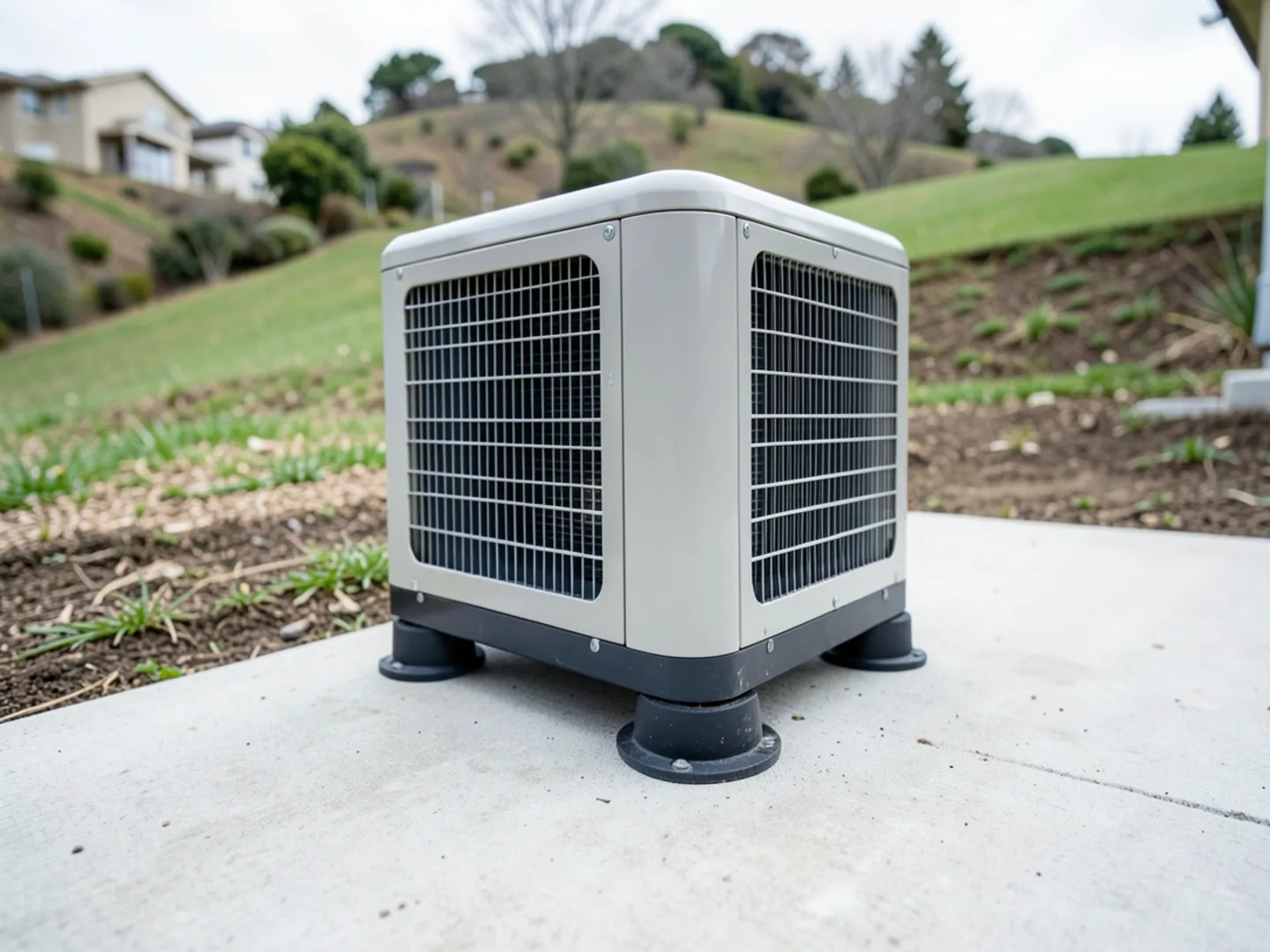 Outdoor AC condenser secured to reinforced concrete equipment pad on sloped Los Gatos hillside yard