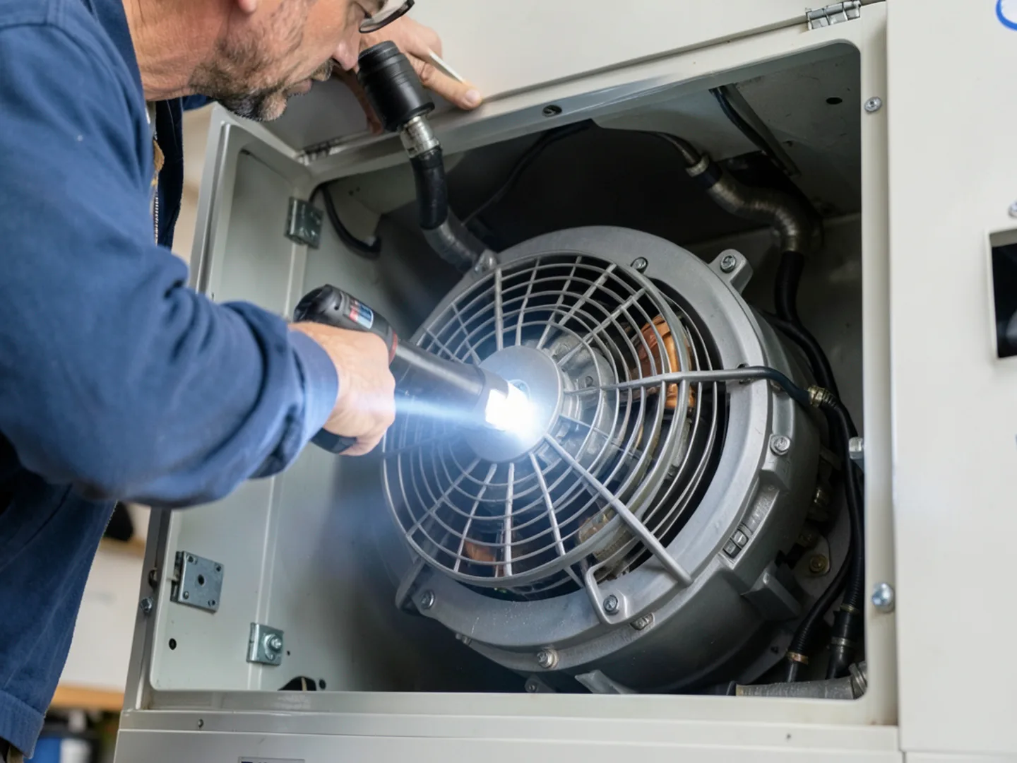 Technician inspecting squirrel-cage blower wheel and lubrication points inside opened furnace blower compartment