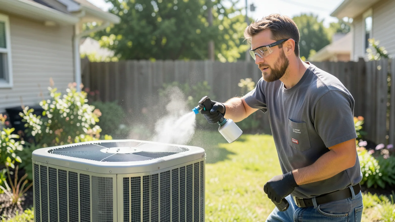Technician holding digital manifold gauges while checking residential outdoor AC condenser during Campbell tune-up