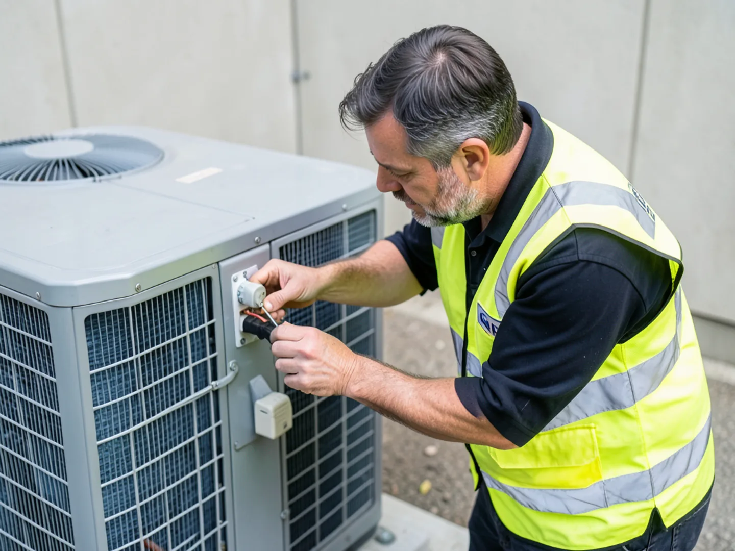 Municipal building inspector with hardhat and clipboard examining outdoor AC electrical disconnect