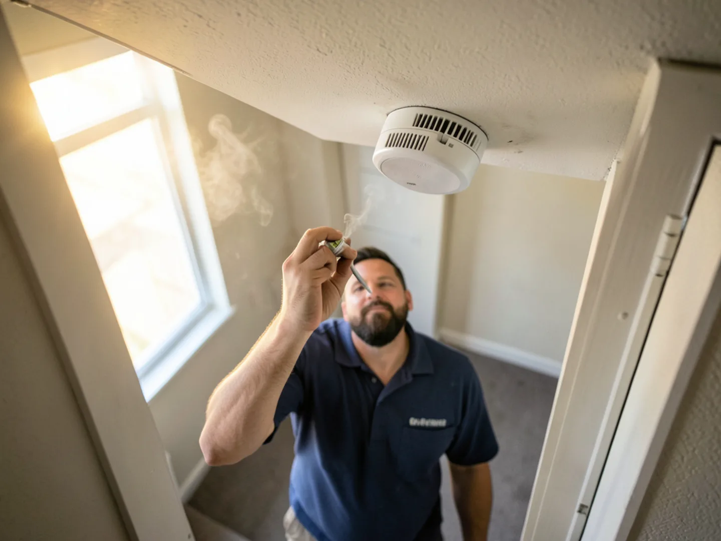 Inspector pressing test button on combination smoke and carbon monoxide alarm in hallway
