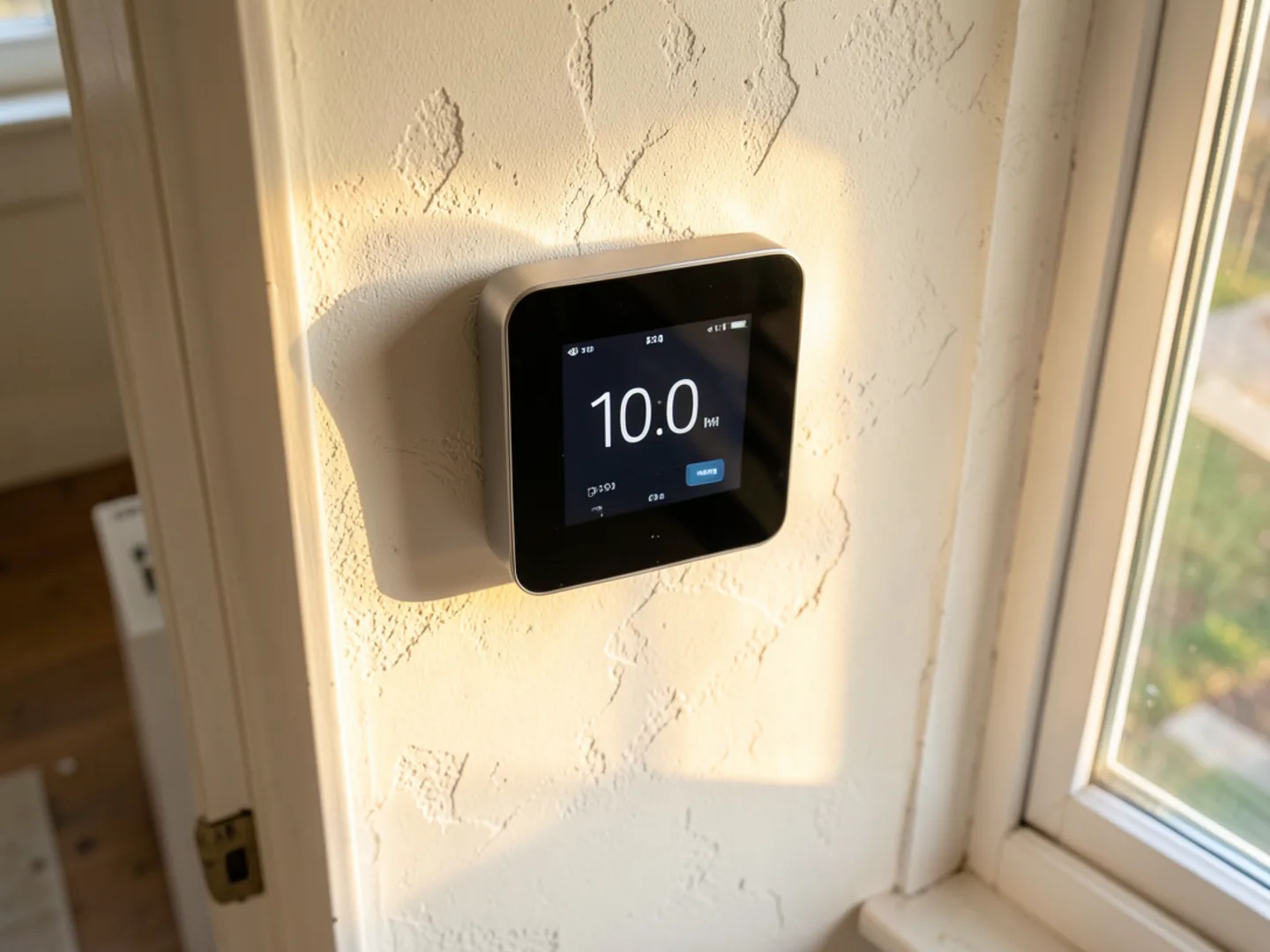 Technician mounting smart digital thermostat with C-wire adapter on plaster wall in renovated home