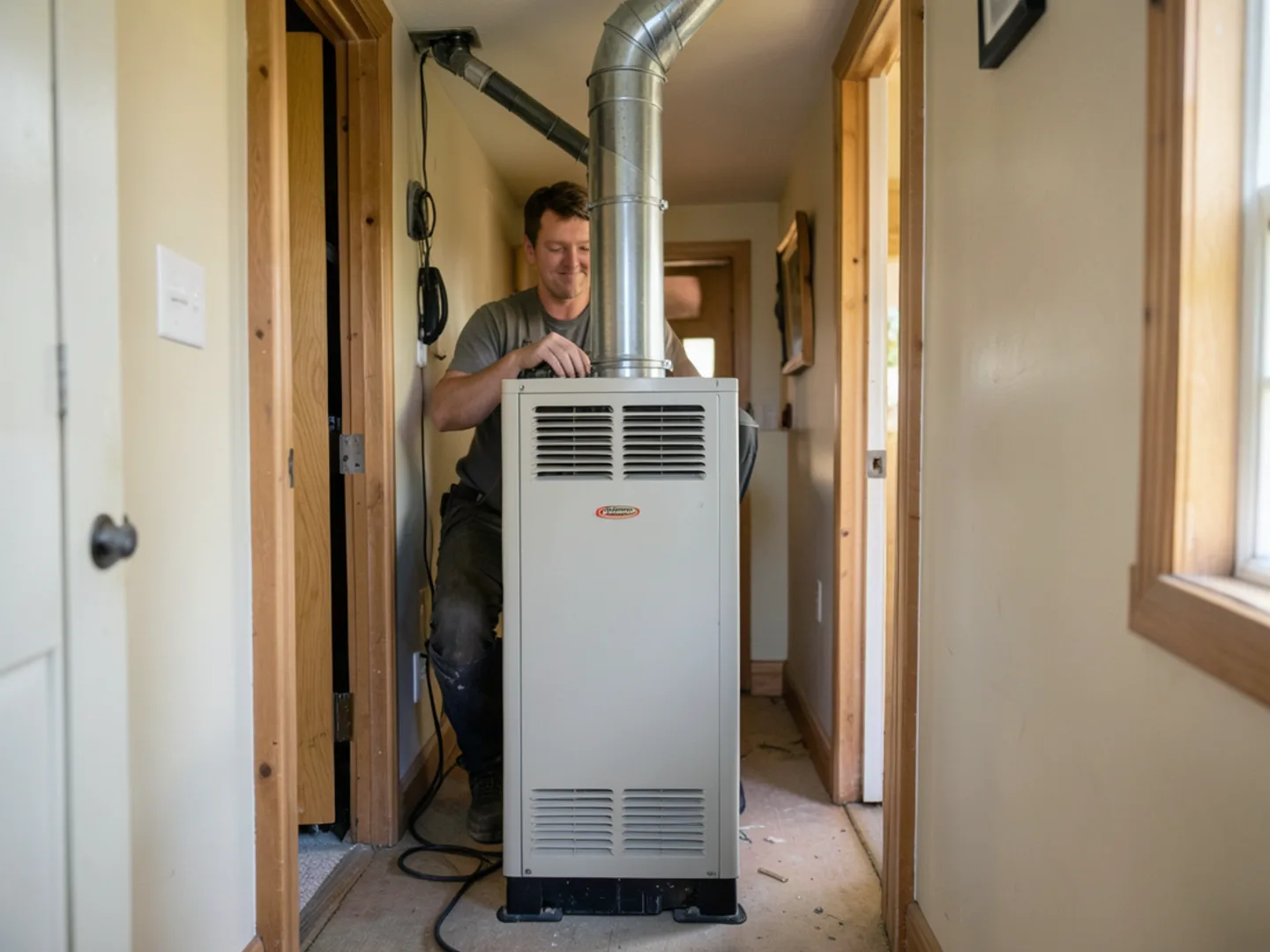 Space-efficient downflow gas furnace installation inside narrow central hallway closet in bungalow