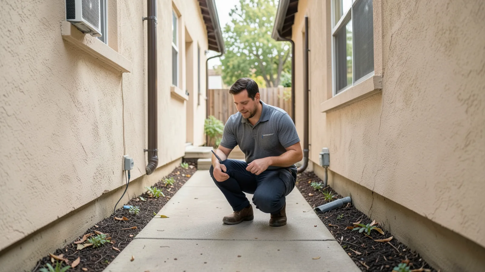 HVAC technician checking operating pressures on central cooling system in residential San Jose backyard