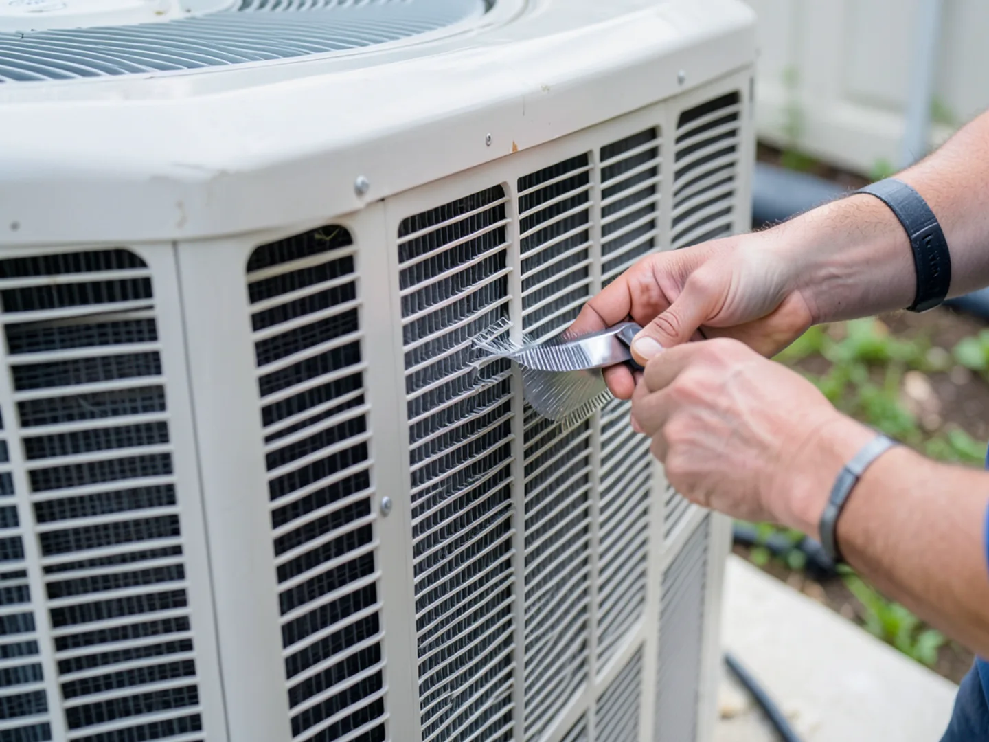 Inspecting wire coil guard and aluminum heat dissipation fins on residential outdoor condensing unit