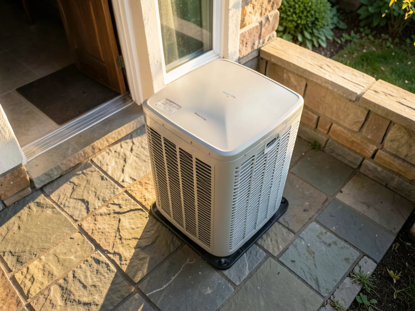 Acoustic sound blanket enclosure and quiet side-discharge inverter condenser near courtyard garden