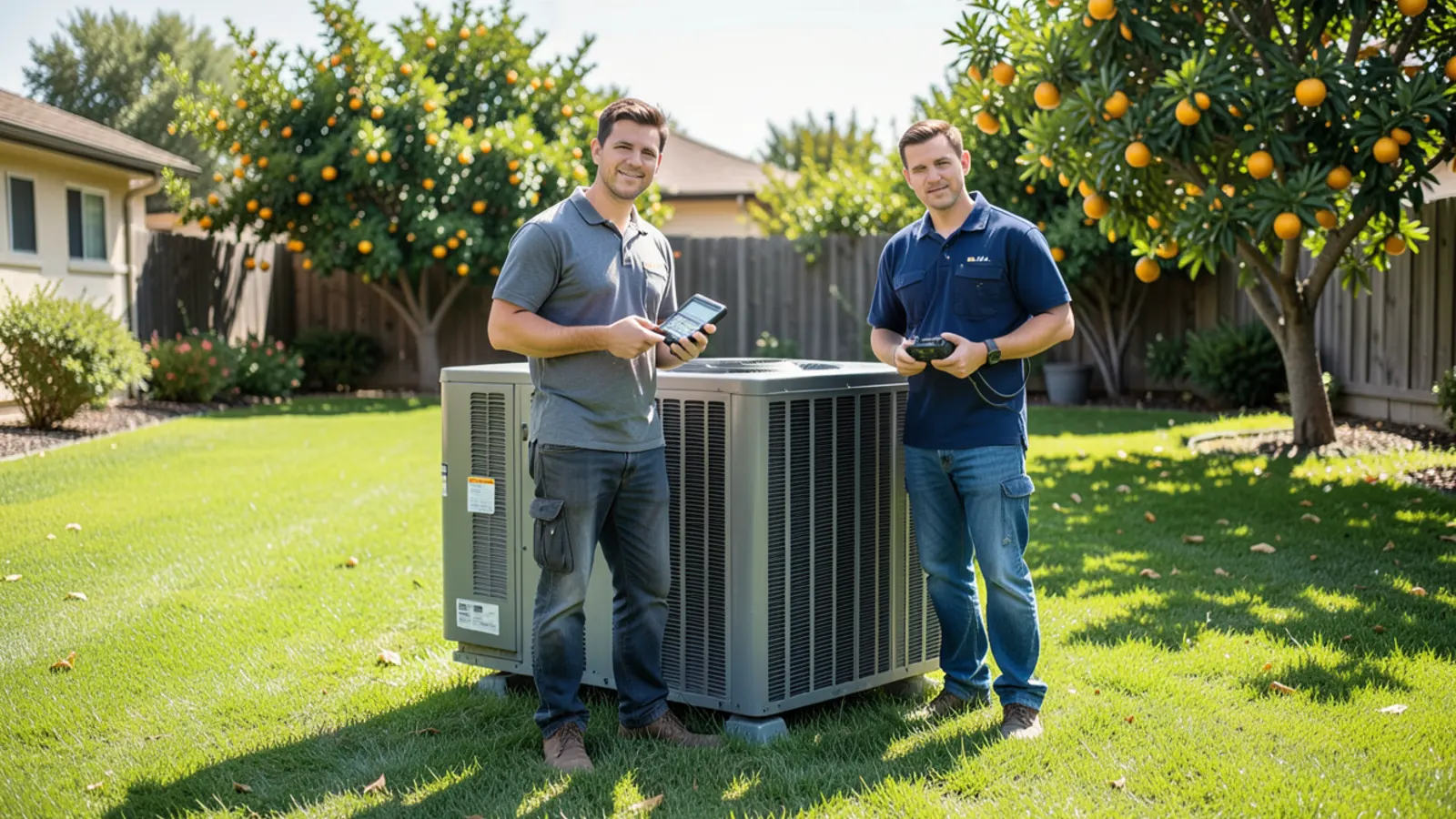 HVAC technician performing comprehensive summer diagnostic on central AC condenser in Sunnyvale