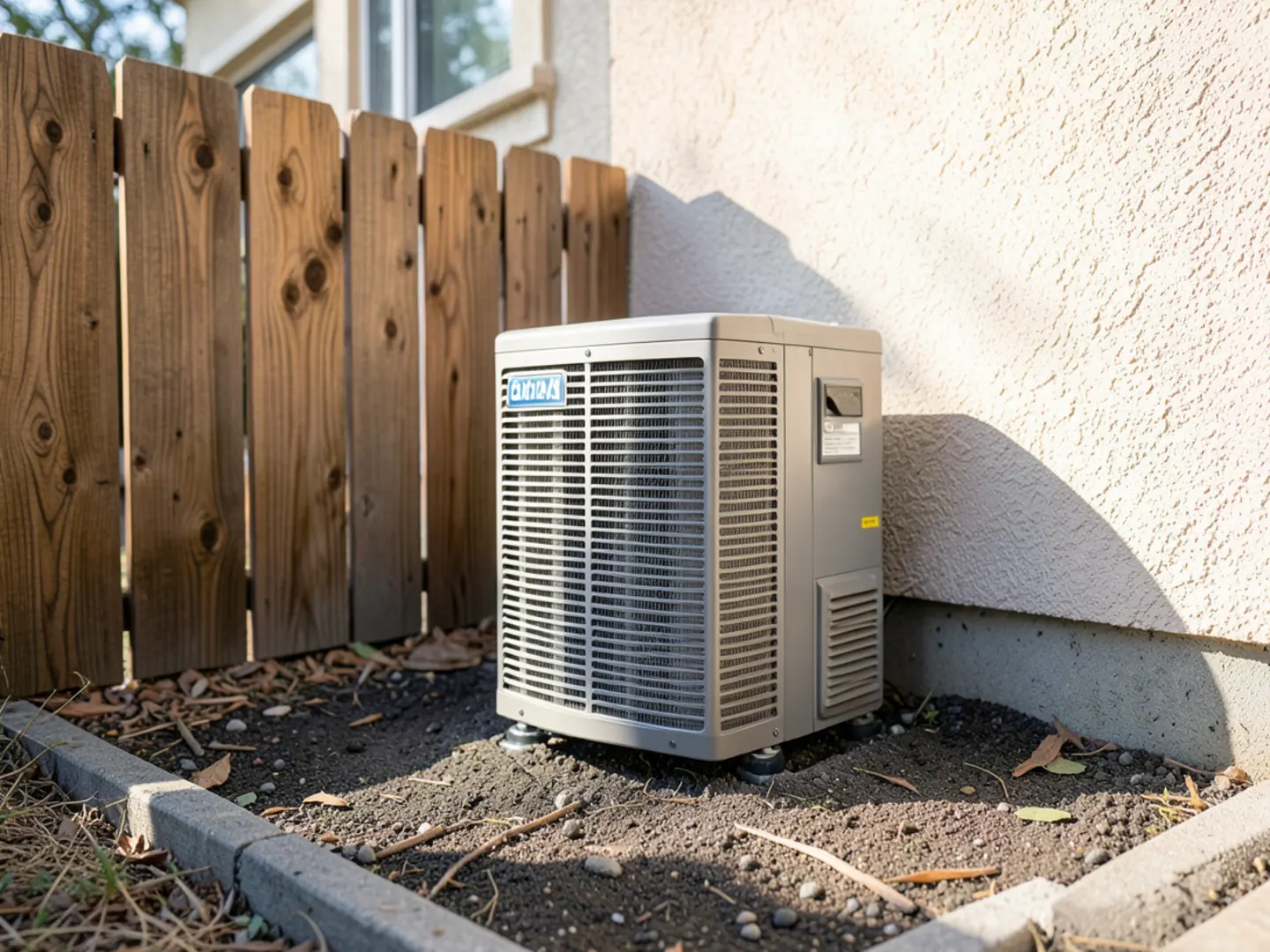 Side-discharge inverter heat pump installed with adequate clearance beside residential wood privacy fence