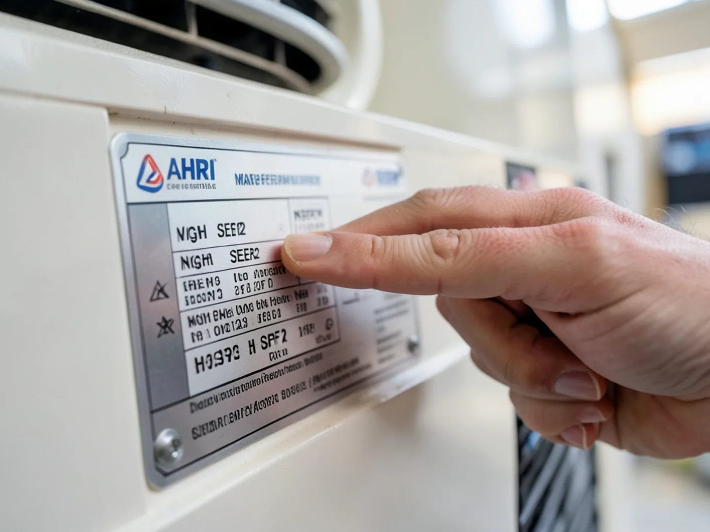 Technician checking model and serial number nameplate on outdoor unit against AHRI certificate form