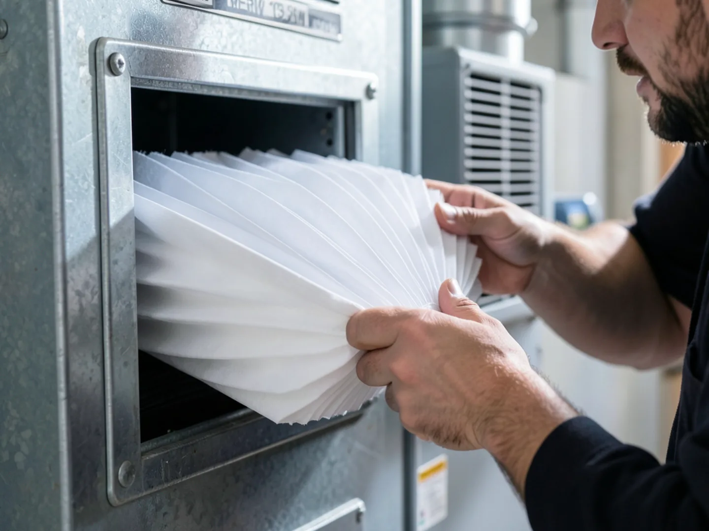 Technician installing four-inch deep pleated MERV 13 filter cartridge into sealed return air cabinet