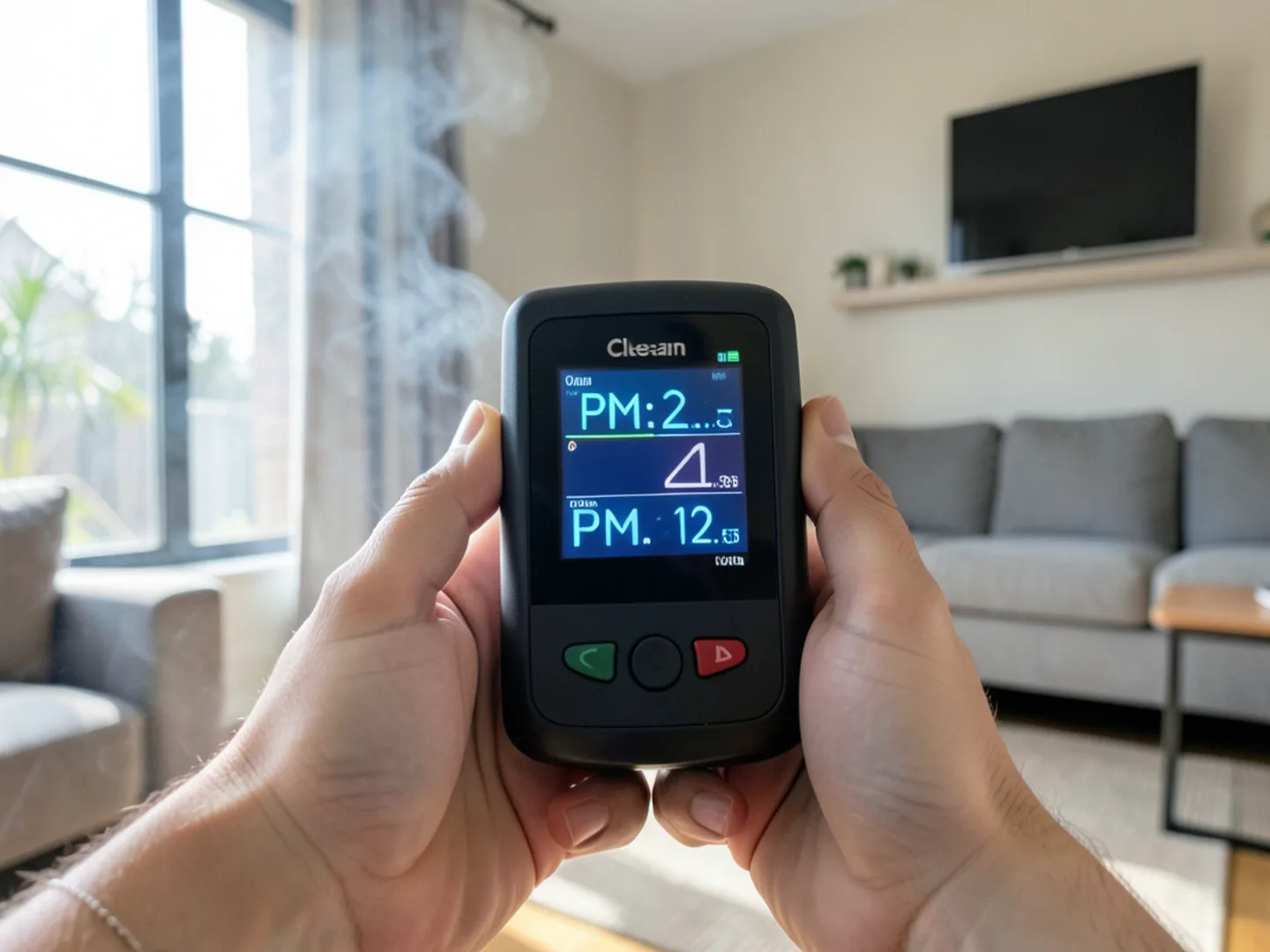 Handheld digital laser particle counter displaying green low PM2.5 reading in California living room